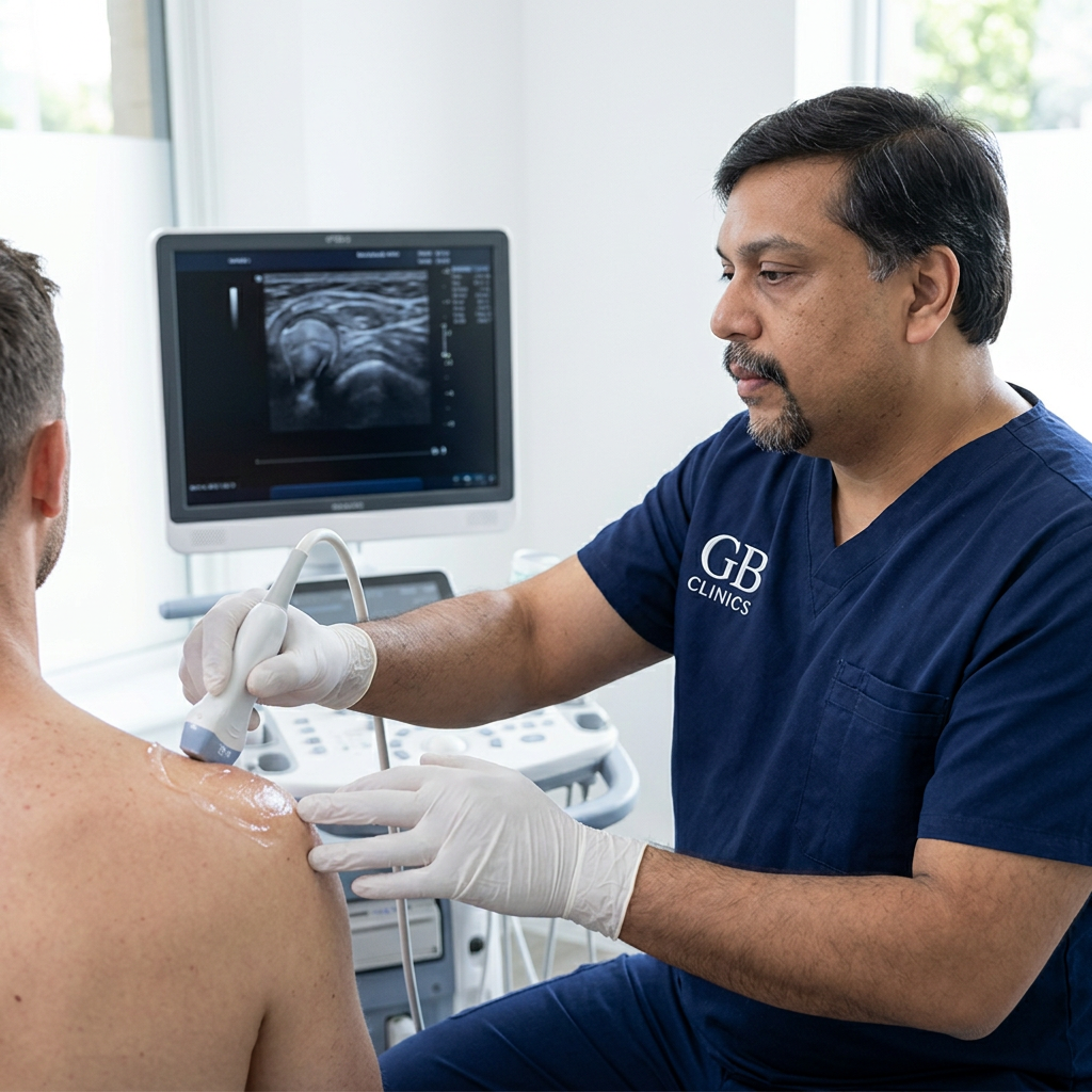 Boobala performing a diagnostic MSK ultrasound scan at GB Clinics