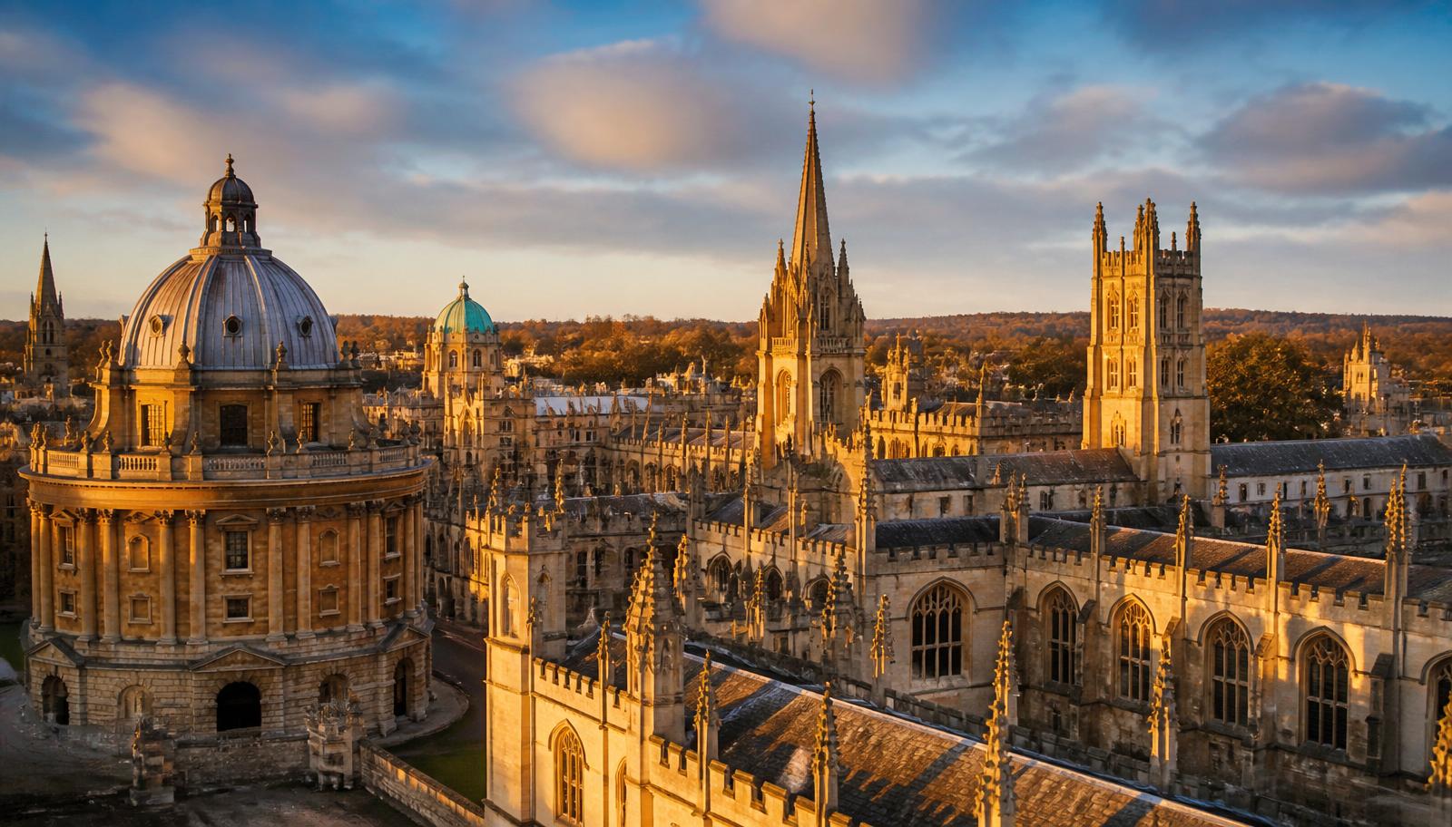 Oxford city skyline at sunset with the Radcliffe Camera and college spires
